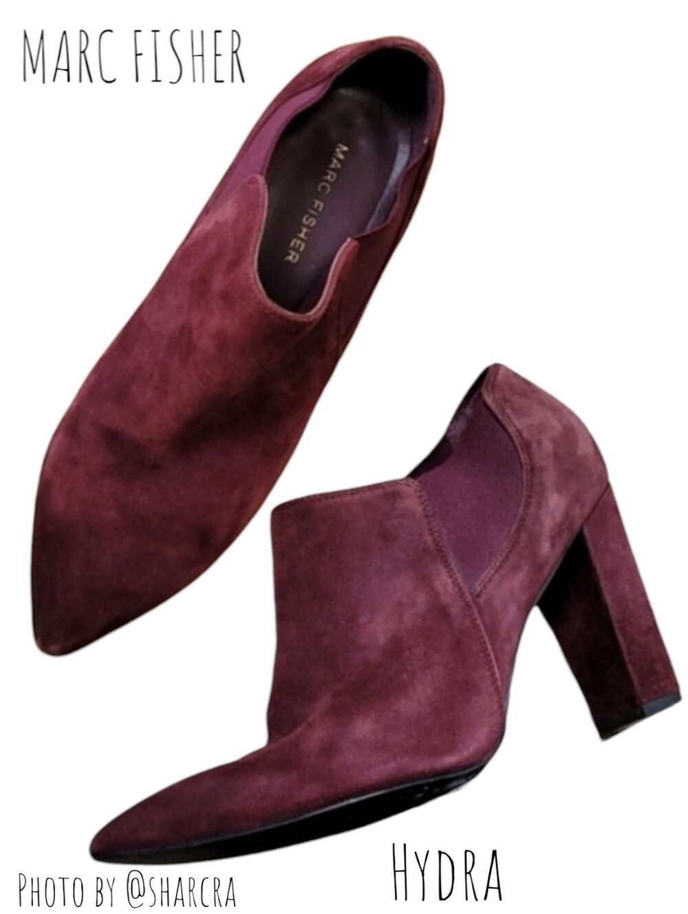 Marc Fisher Women's Hydra Burgundy Suede Pointed Toe Block Heel Ankle Boots 9.5